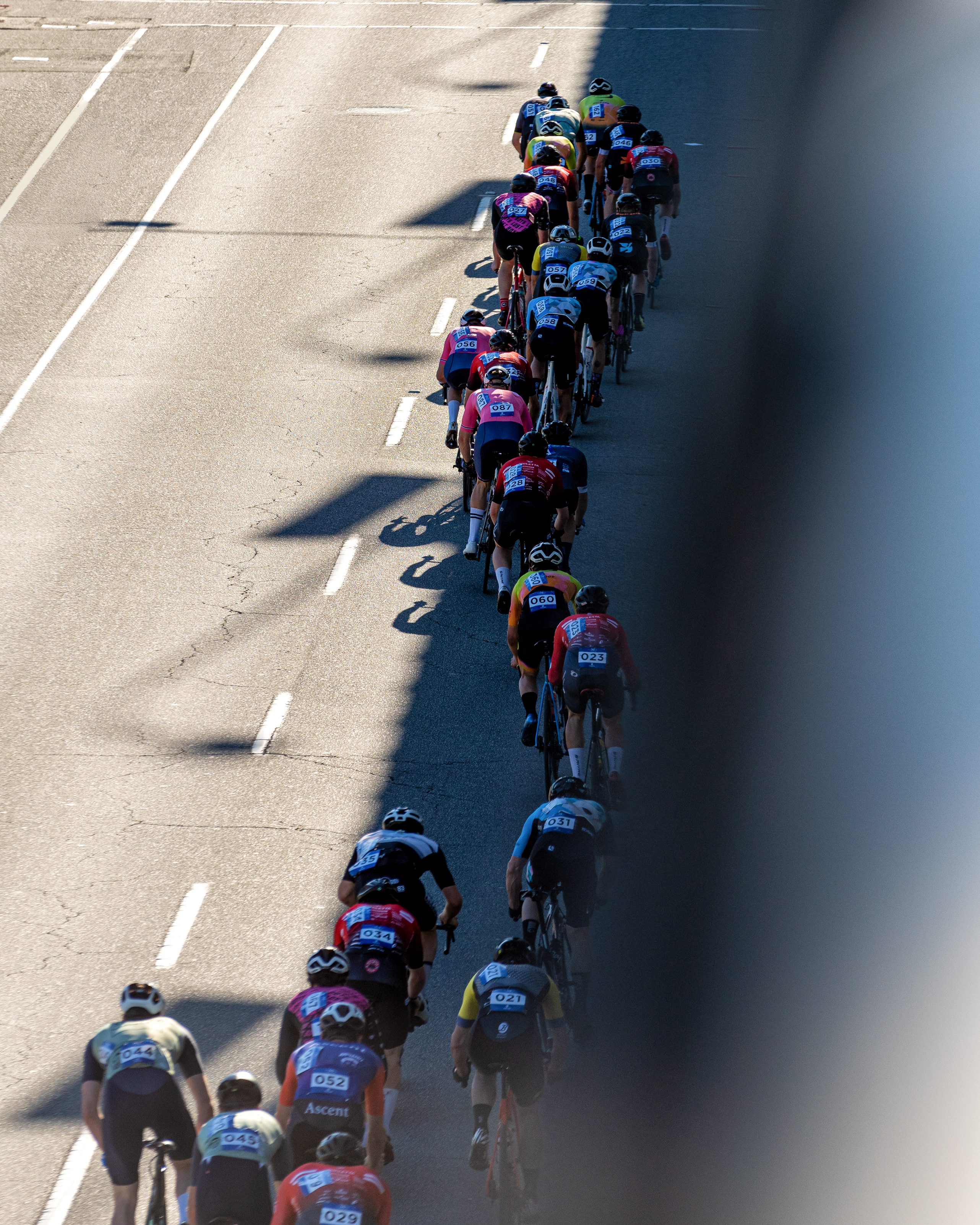 A group of cyclists riding in a line on a sunlit road with shadows cast across the asphalt.