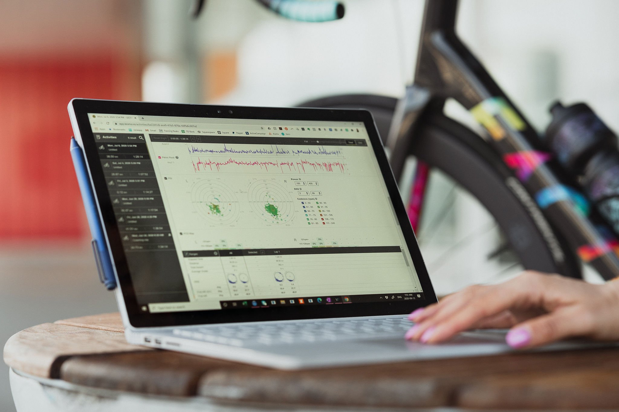 Laptop on a wooden table displaying a performance data dashboard with graphs and charts, with a hand on the keyboard and a bicycle in the background.