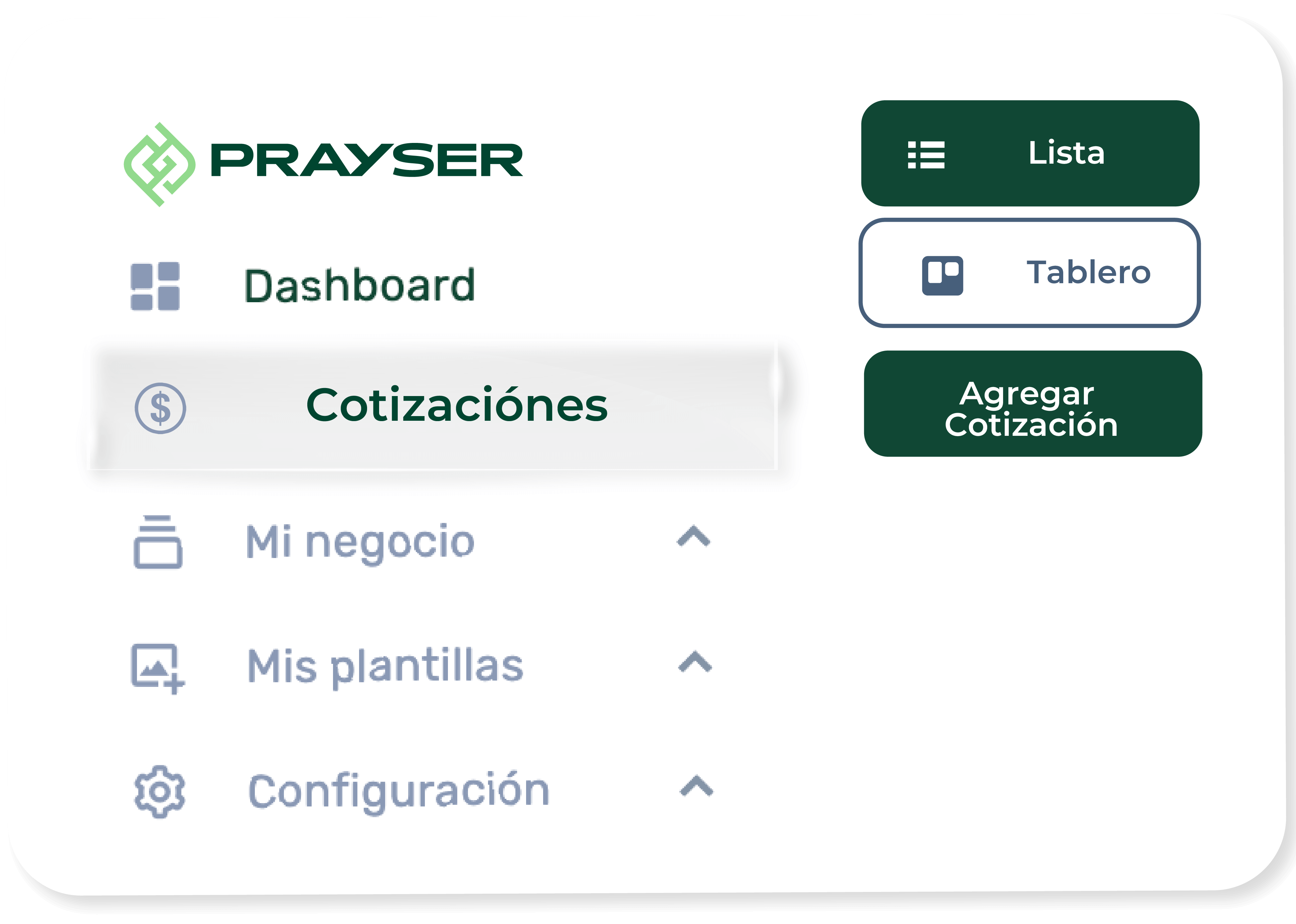 Interfaz de software Prayser mostrando la sección de Cotizaciones en vista de lista con columnas para folio, cliente, contacto, monto, vendedor, fecha de creación y estado.