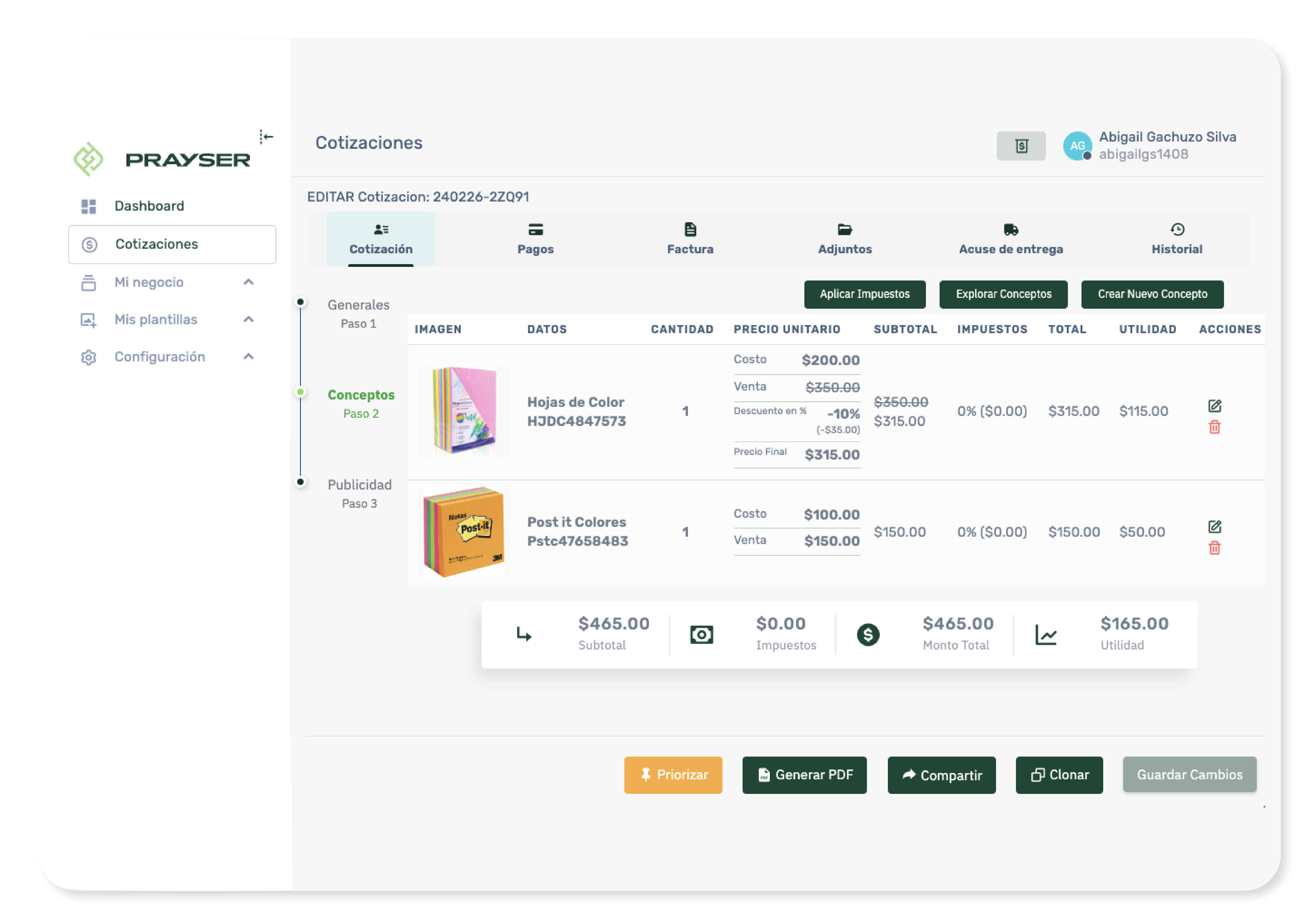 Pantalla de dashboard de PRAYSER mostrando cotizaciones en formato tablero con columnas para Cotización, Contactado y Calificado, cada una con detalles de fecha, nombre y estado.