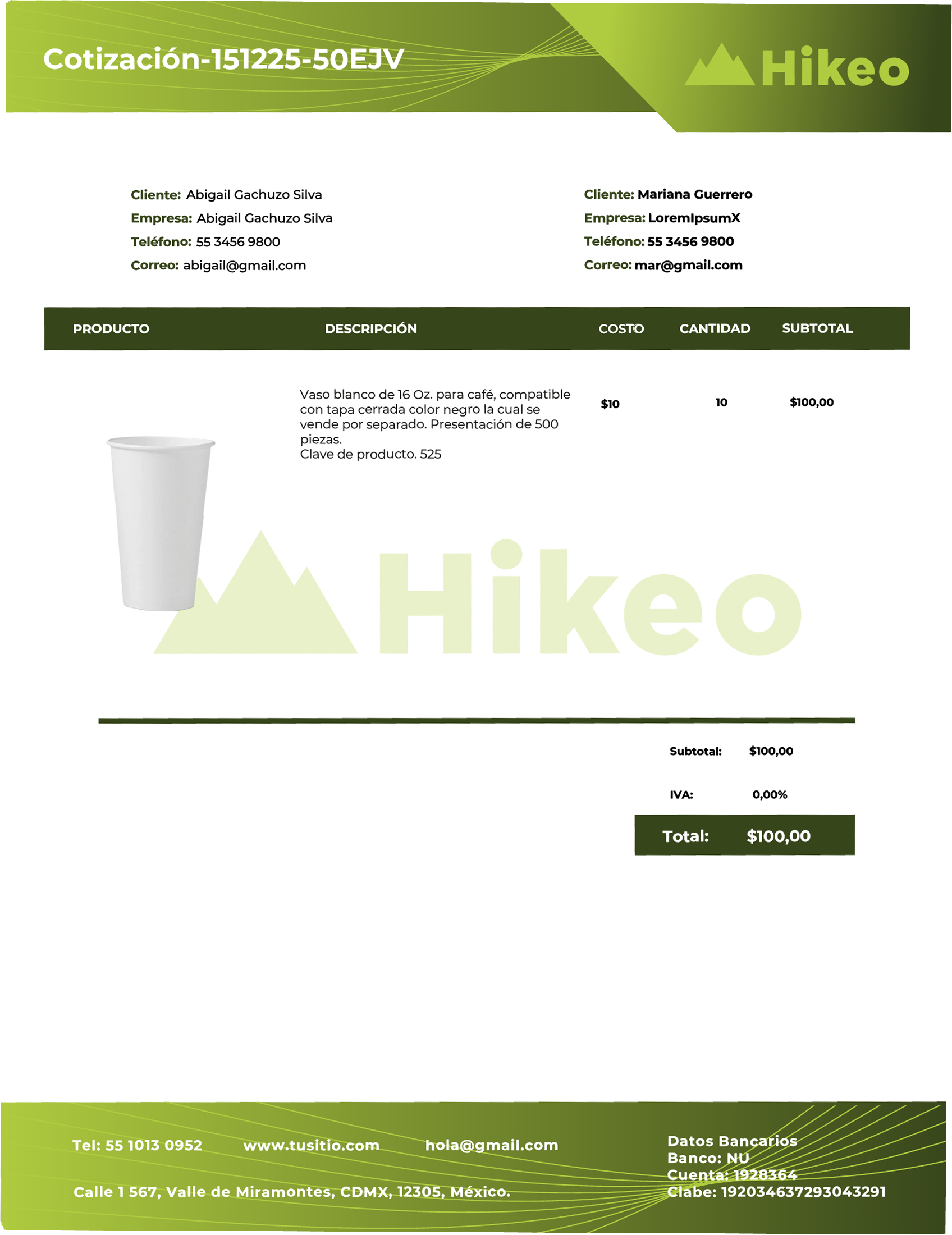 Cotización con detalles de clientes, descripción de vaso blanco de 16 onzas para café, precio unitario y total de $100, logo de Hikeo y datos de contacto.