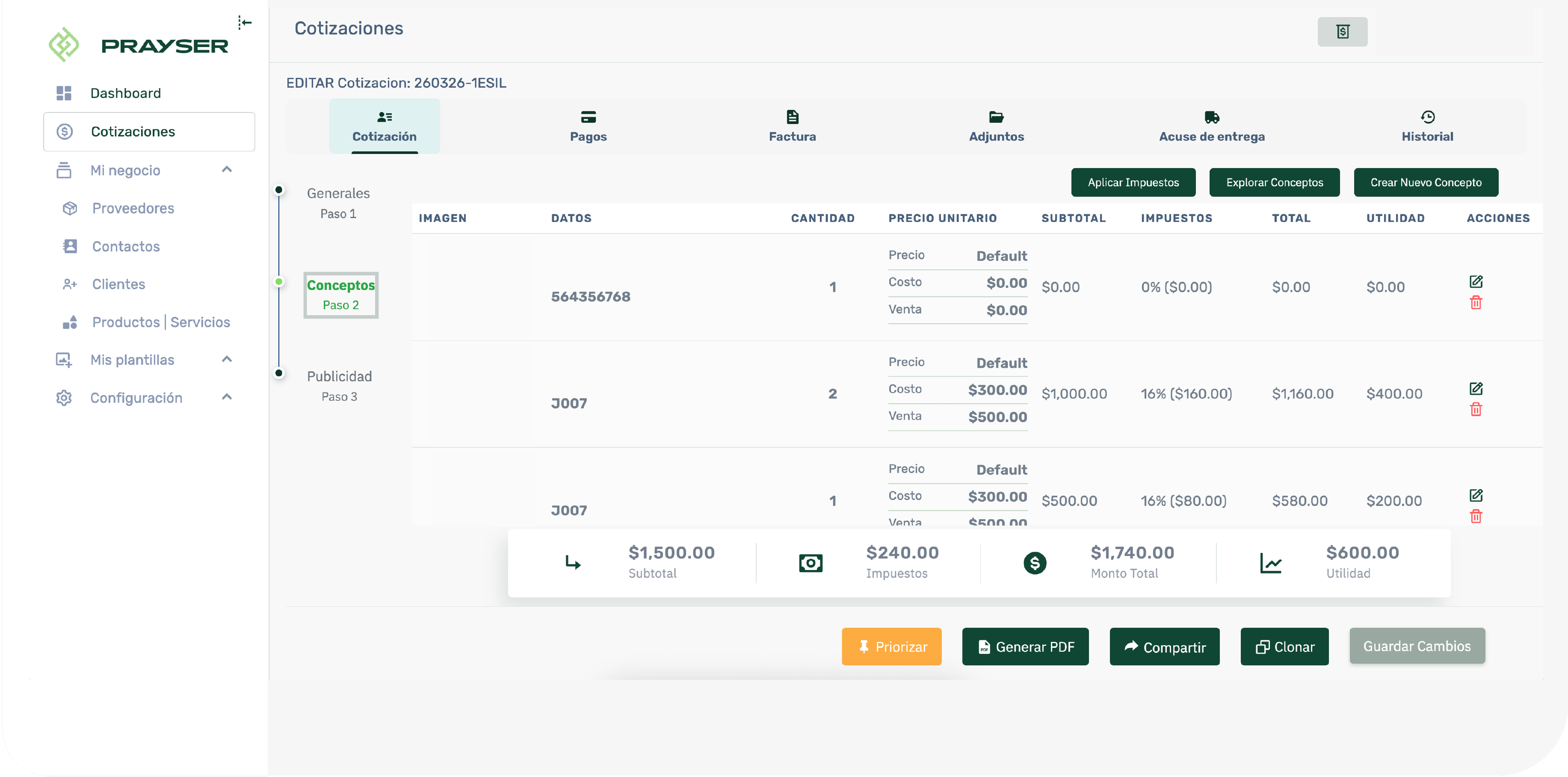 Pantalla de dashboard de PRAYSER mostrando cotizaciones en formato tablero con columnas para Cotización, Contactado y Calificado, cada una con detalles de fecha, nombre y estado.