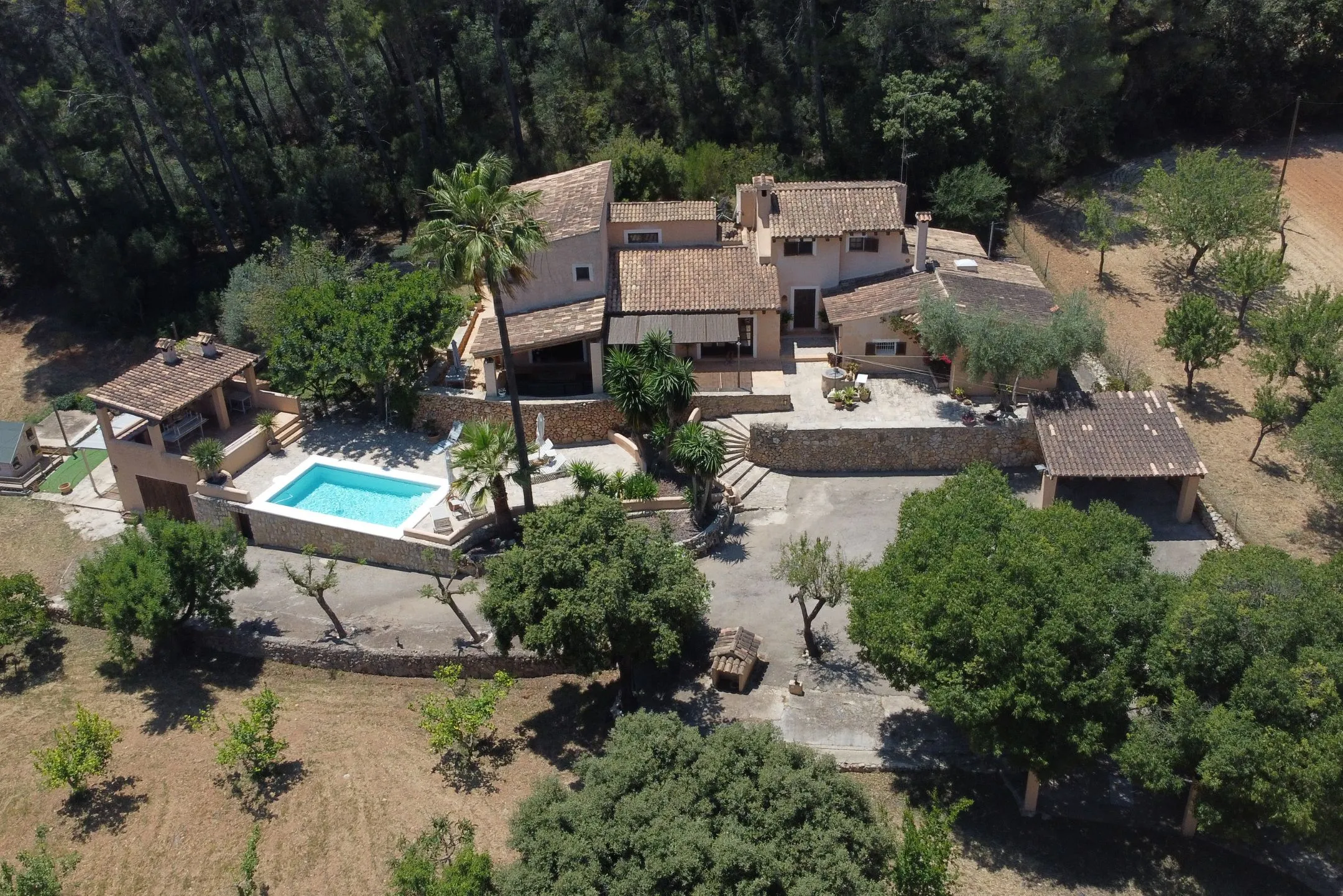 A Mediterranean-style villa surrounded by trees with a swimming pool and outdoor patio area.