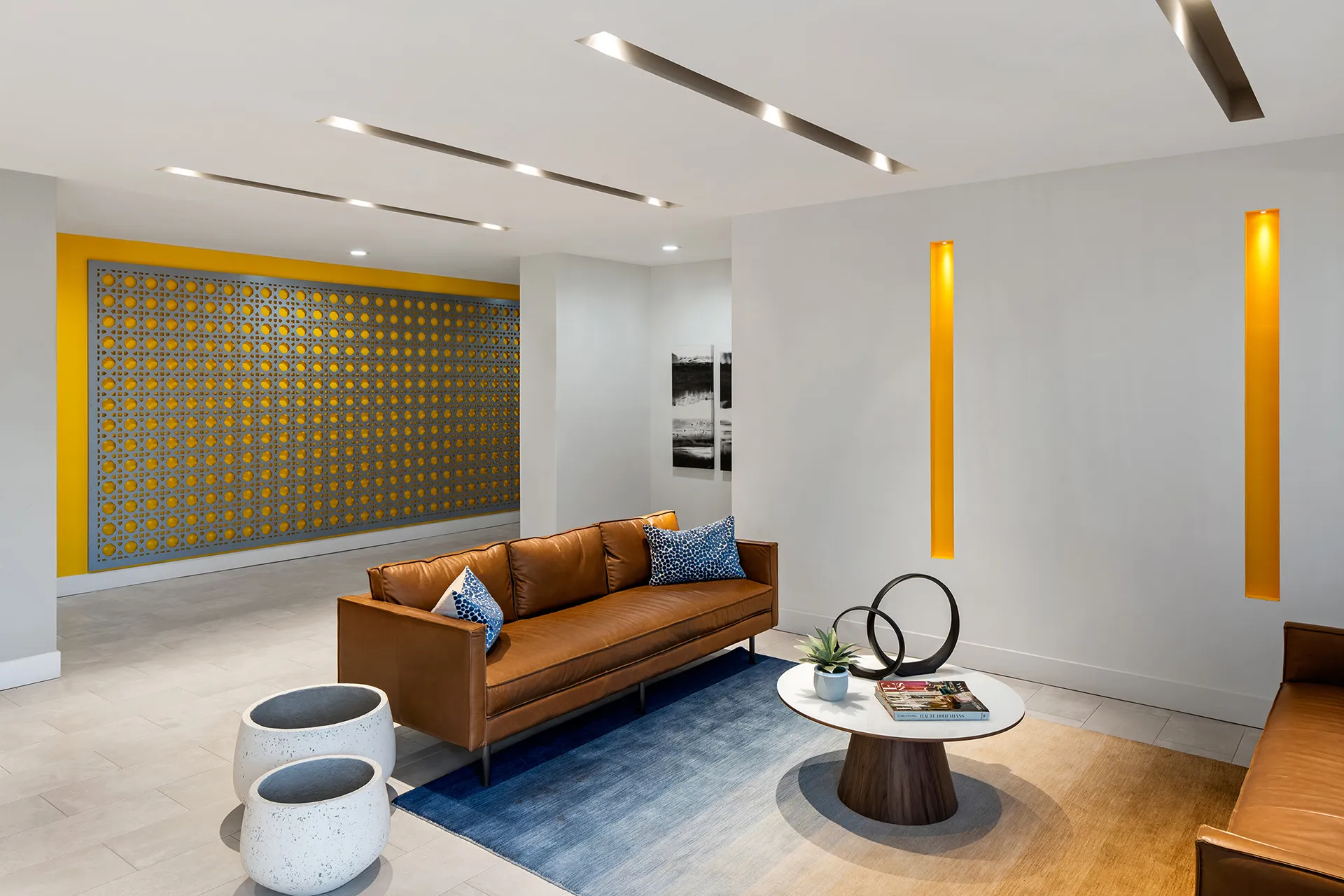 lobby interior with sitting area with sofa and coffee table