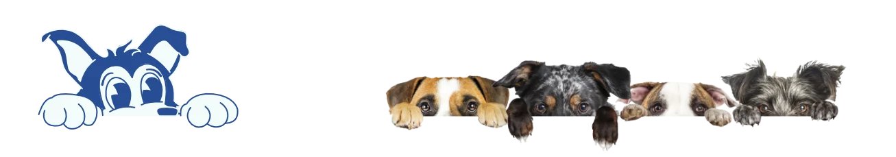 Dogs peaking from behind a wall. Their heads show above and their paws grip the "window sill". There is the "Ope There's Poop" dog mascot in the mix as well.