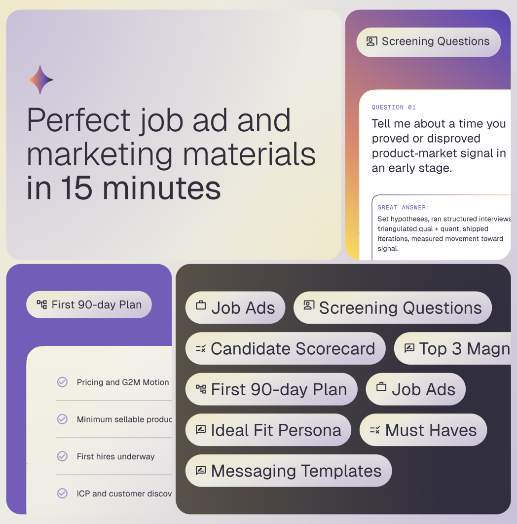 Hiroic generating a job ad, screening questions and a 90-day plan