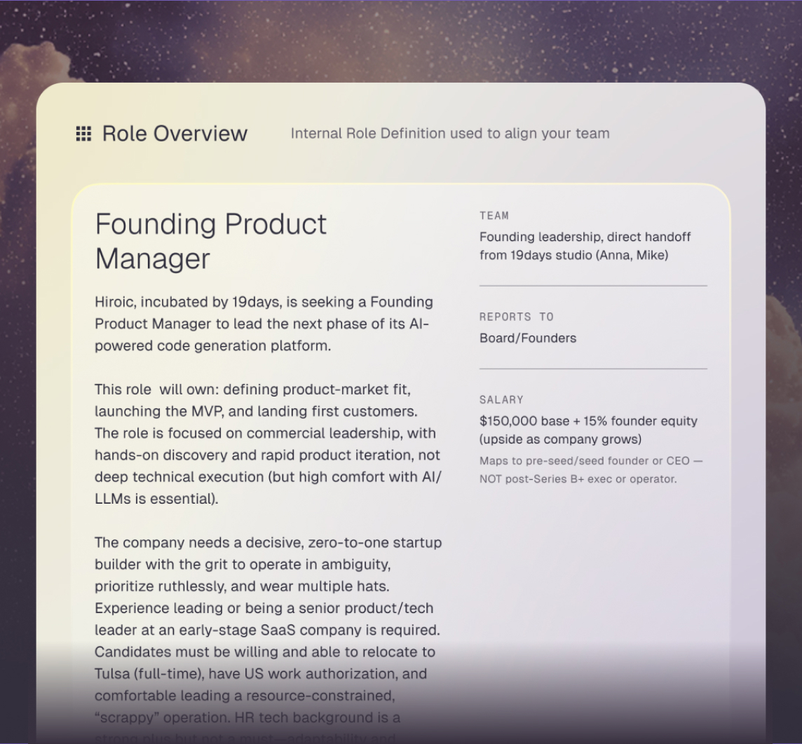 A Hiroic role overview for a founding product manager