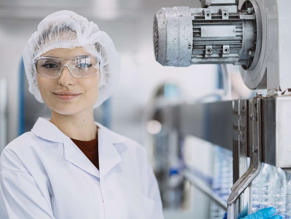 Smiling female scientist wearing safety glasses and a hair net in a laboratory or industrial setting.