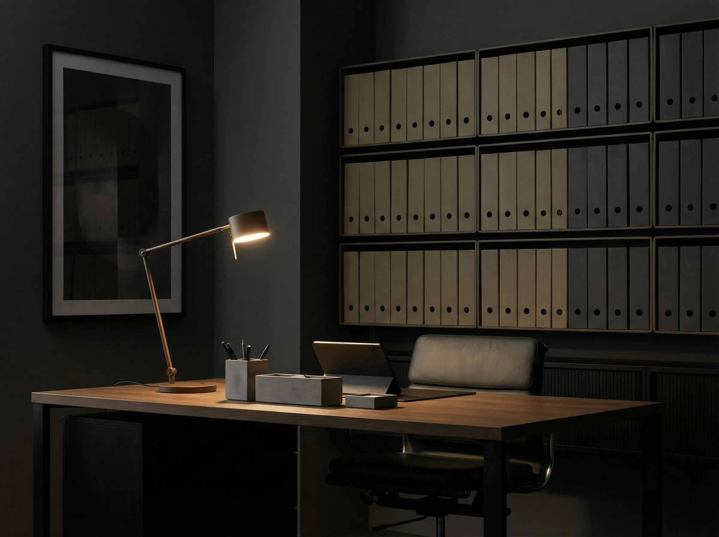 sleek moody office with folders and files