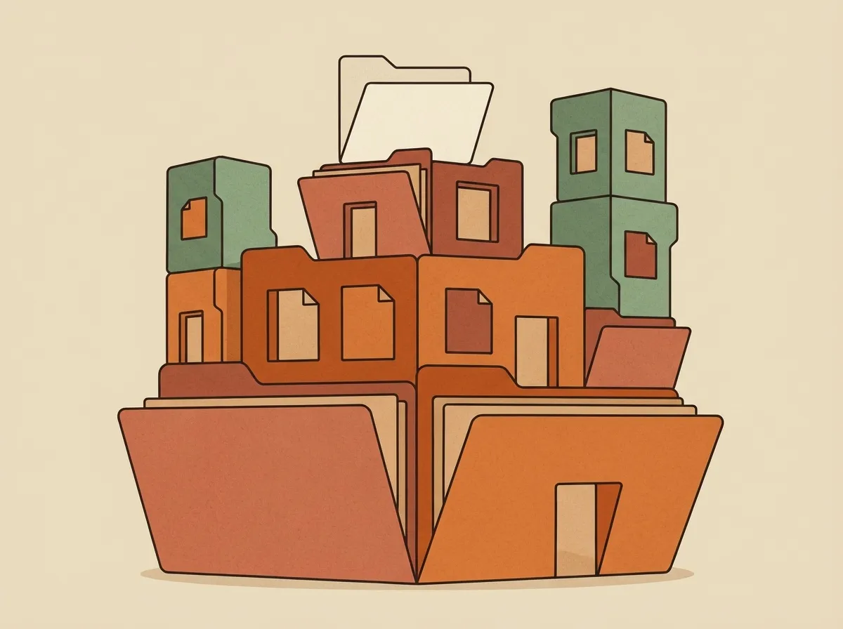 an illustrated building made out of files and folders