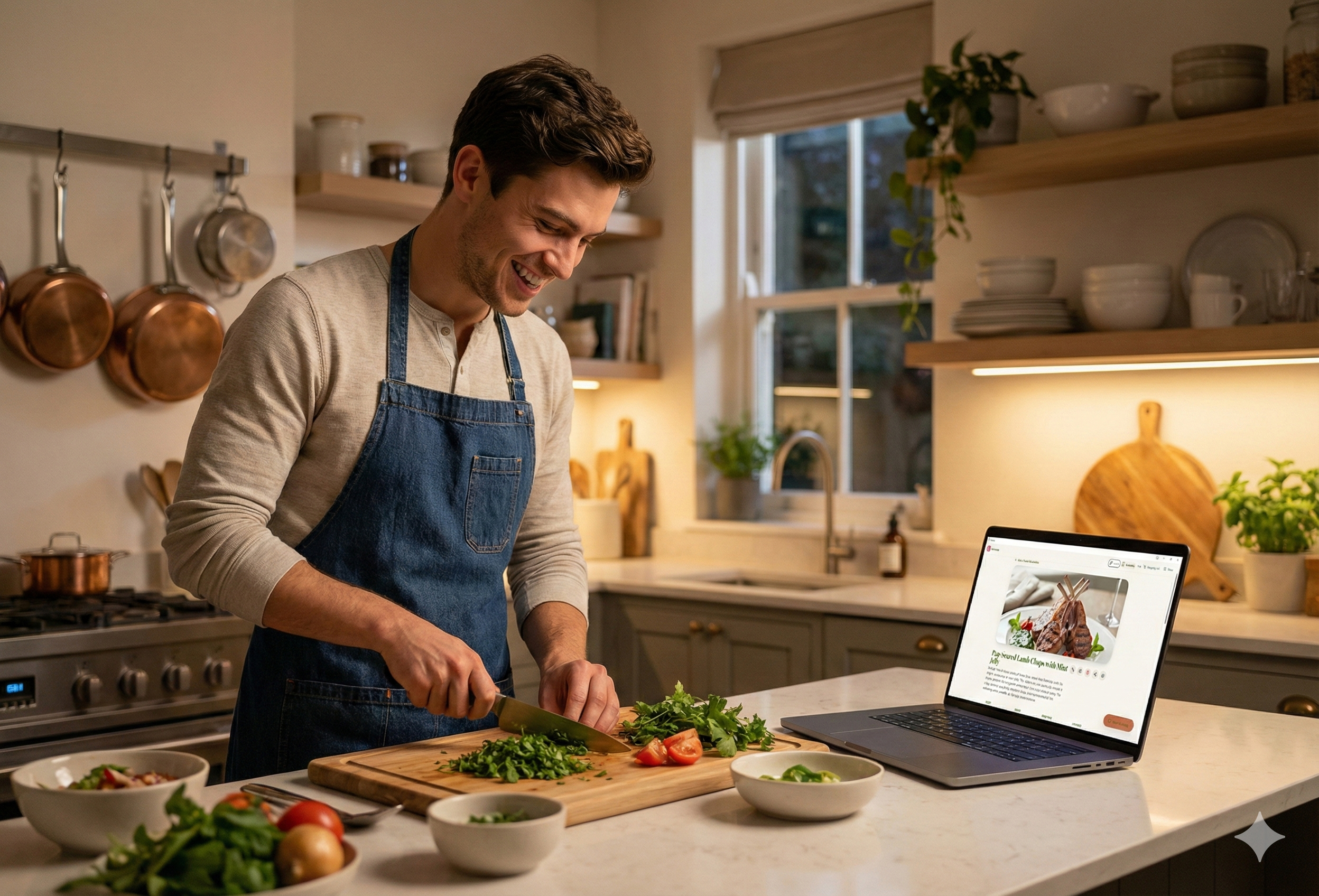 man cooking with his didital cookbook