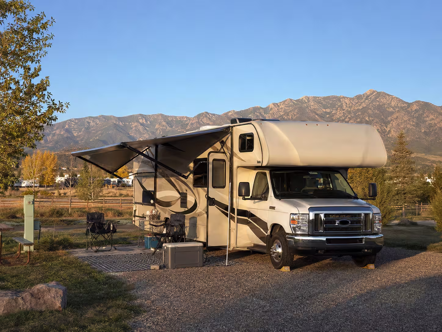 Class C RV parked at a Denver RV park for a long term stay