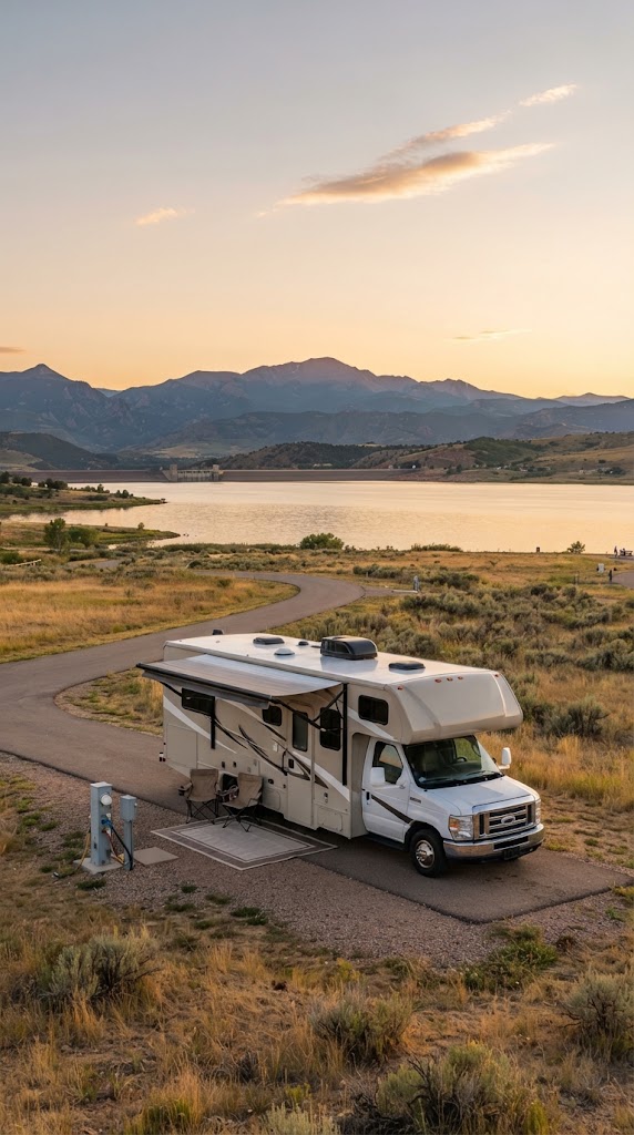 Class C motorhome on a site at the campground at Standley Lake Regional Park