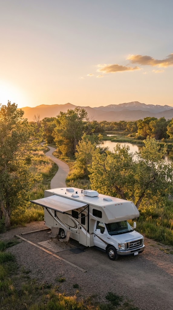 Class C motorhome at a stop near the Big Dry Creek Trail