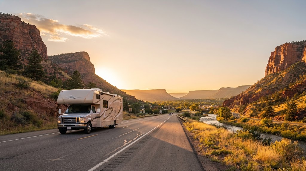 Class A motorhome on US 6 entering Golden