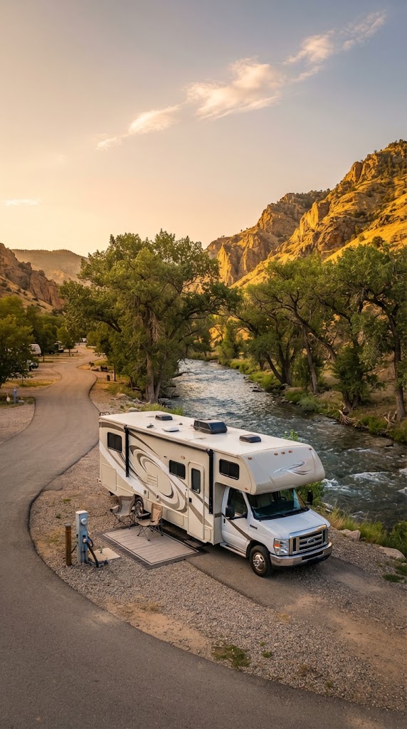 Class C motorhome on a site at Clear Creek RV Park in Golden