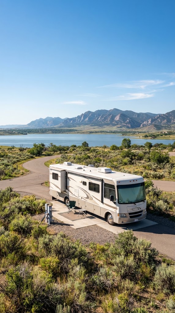 Class A motorhome on a site at Chatfield State Park west of the community