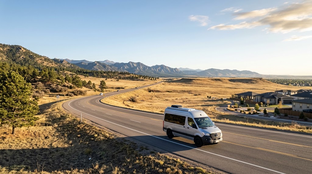 Class B camper van on Colorado Highway 93 leaving Arvada