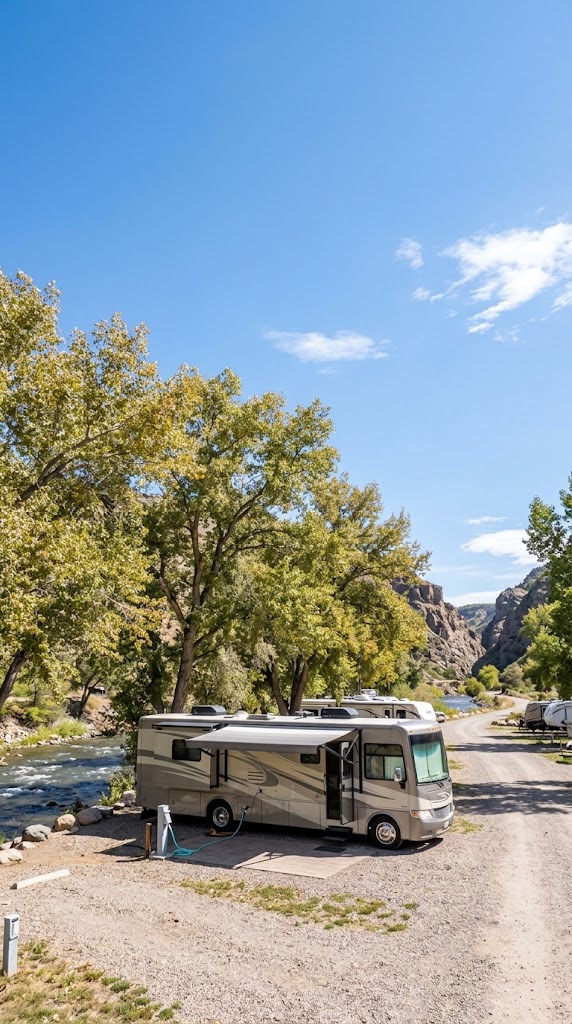 Class A motorhome on a site at Clear Creek RV Park at Golden