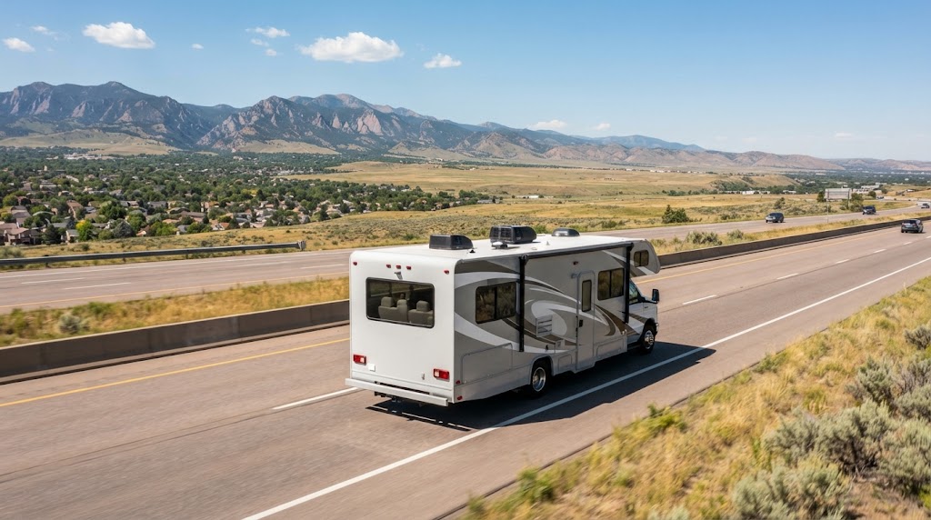 Class C motorhome heading out of Arvada