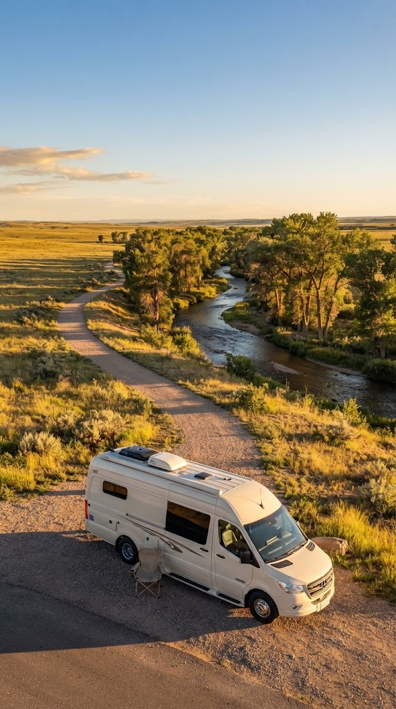Class B camper van at a stop near the Cherry Creek Trail