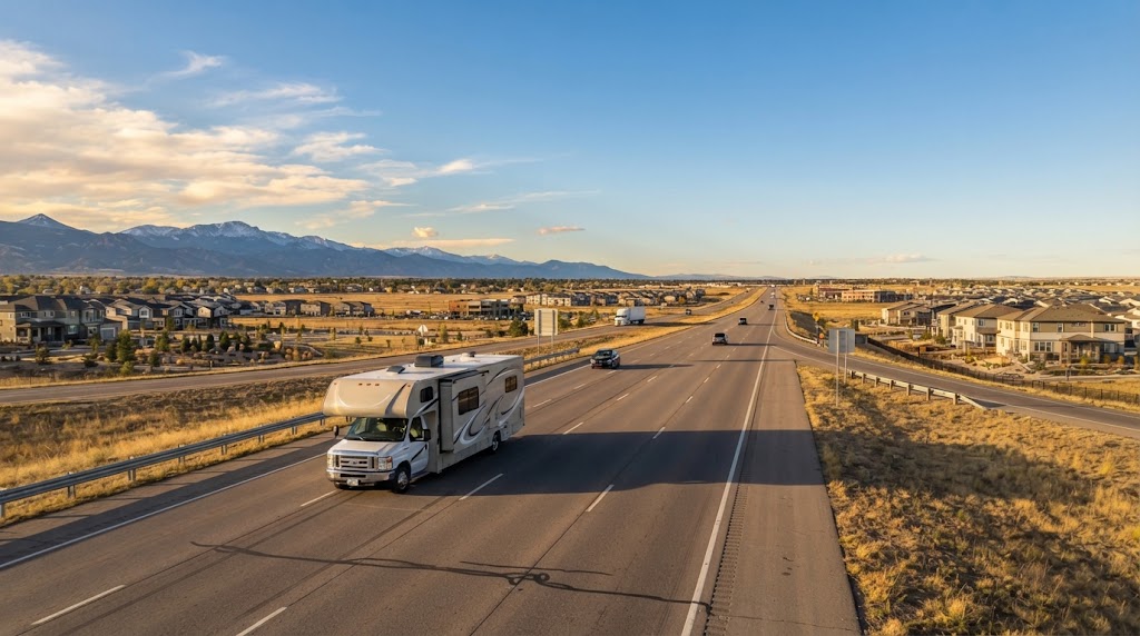 Class C motorhome on Interstate 25 south through Centennial