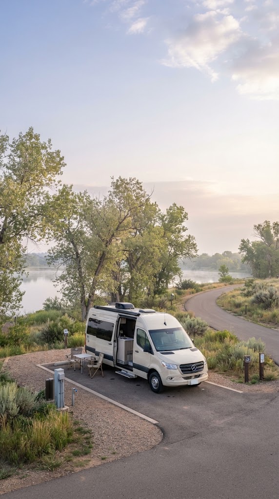Class B camper van on a site at Cherry Creek State Park north of the city
