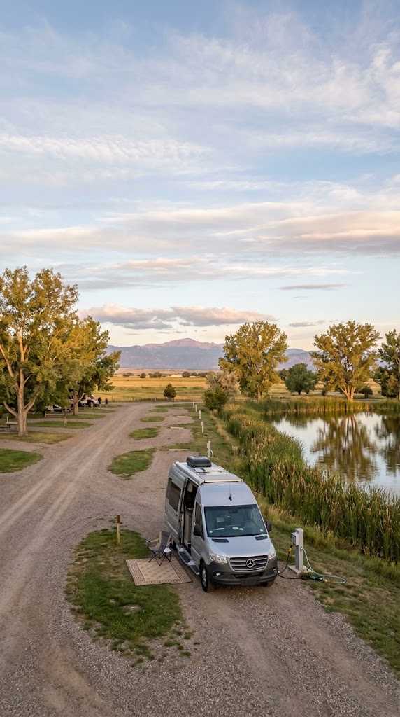 Class B camper van on a site at St. Vrain State Park at Firestone