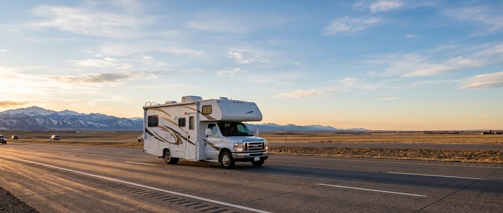 Class C motorhome on Interstate 225 through Aurora