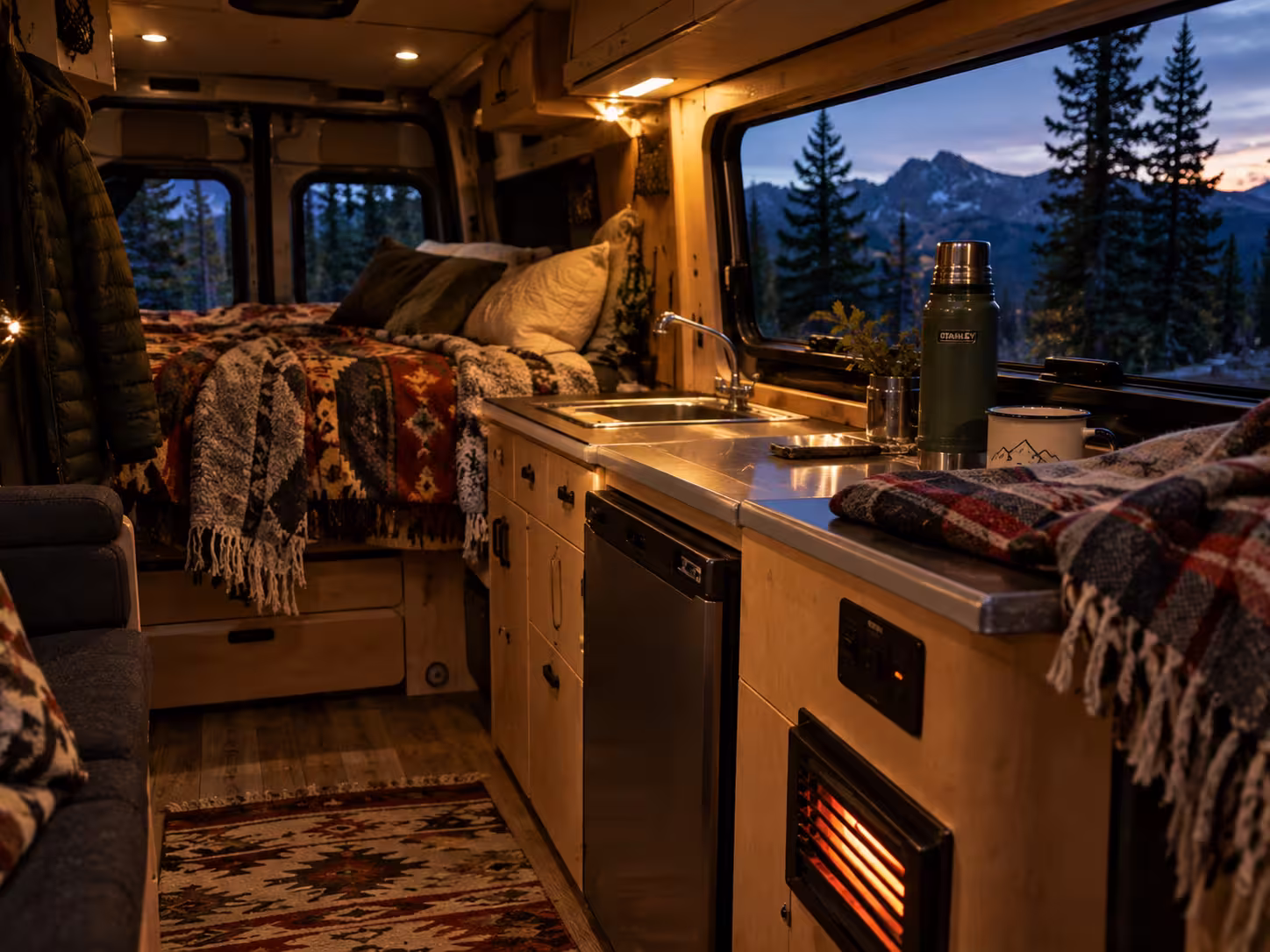 Warm camper van interior on a cold September night in Estes Park