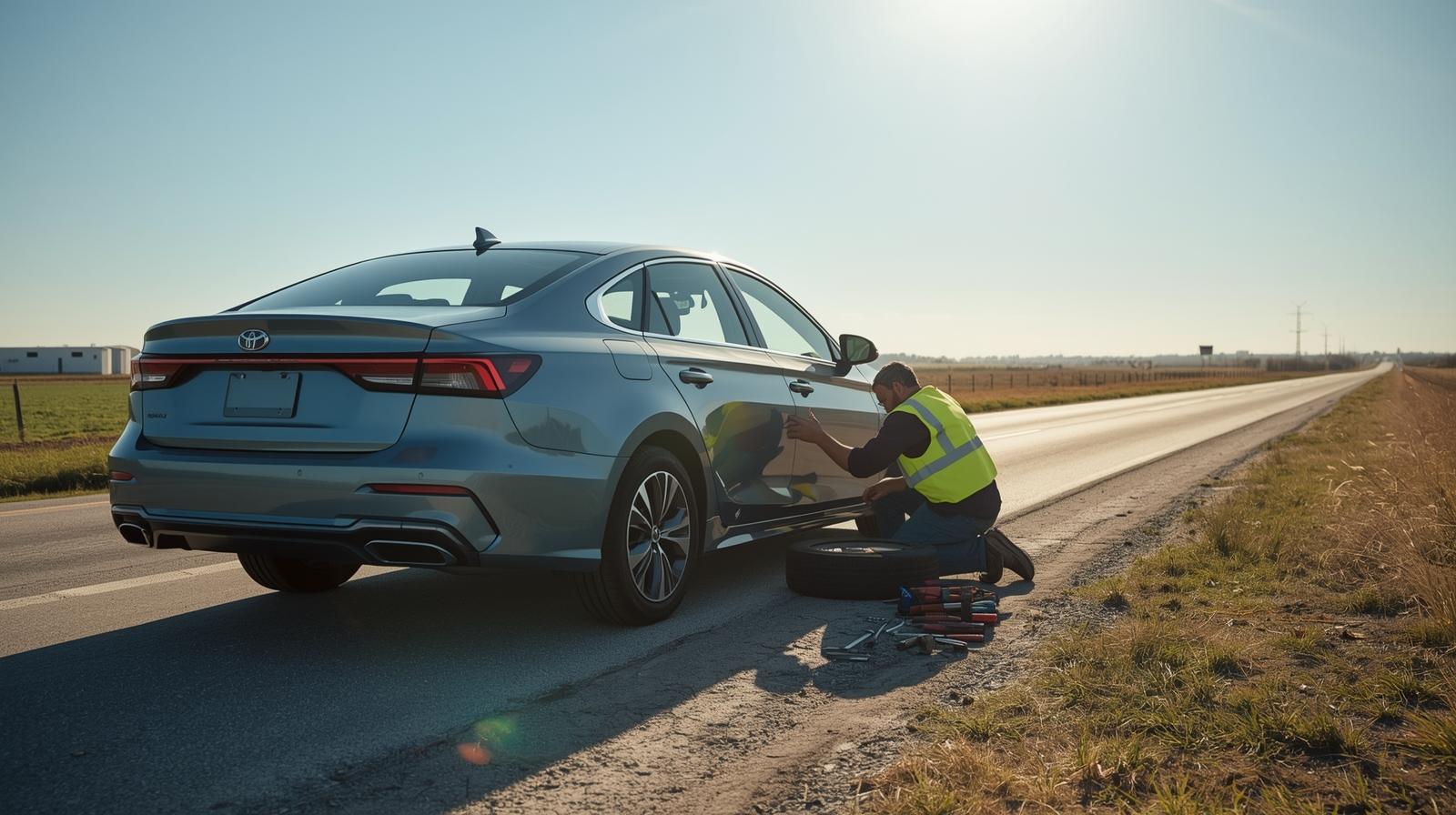 Man wearing a reflective vest kneeling on a roadside to replace a tire on a blue Toyota sedan on a sunny day.