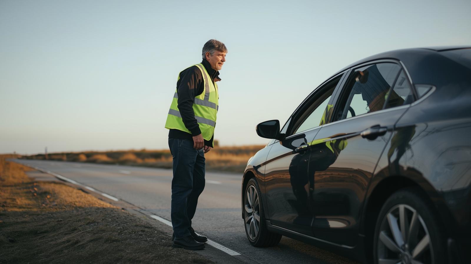Man in a reflective safety vest standing next to a black car on the side of an empty road at sunset.