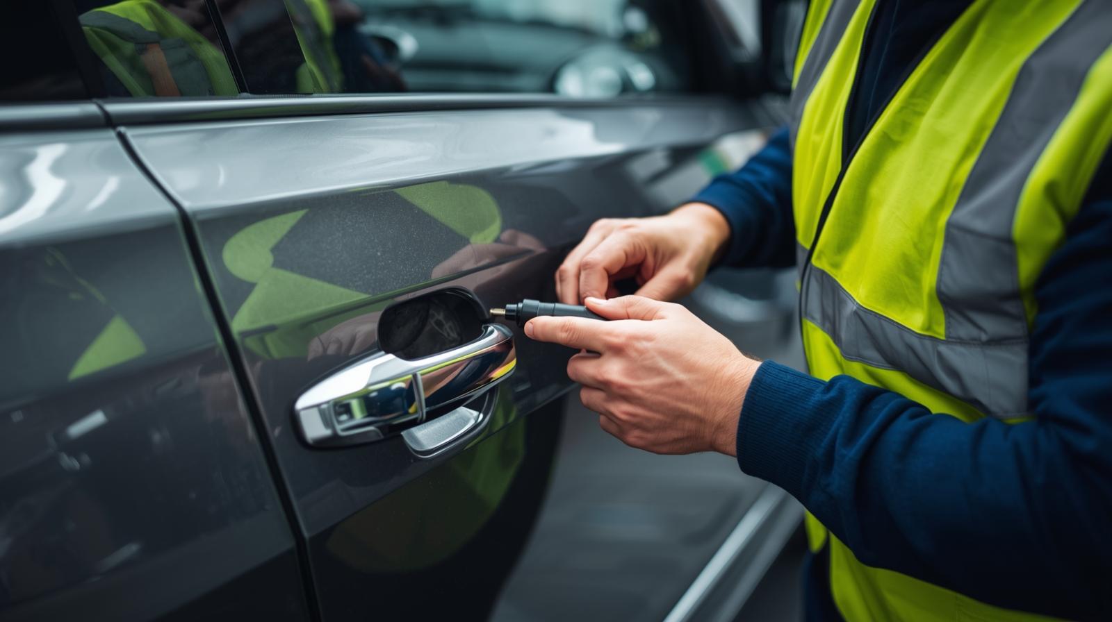 Person wearing a high-visibility vest using a lockout device on a car door handle.