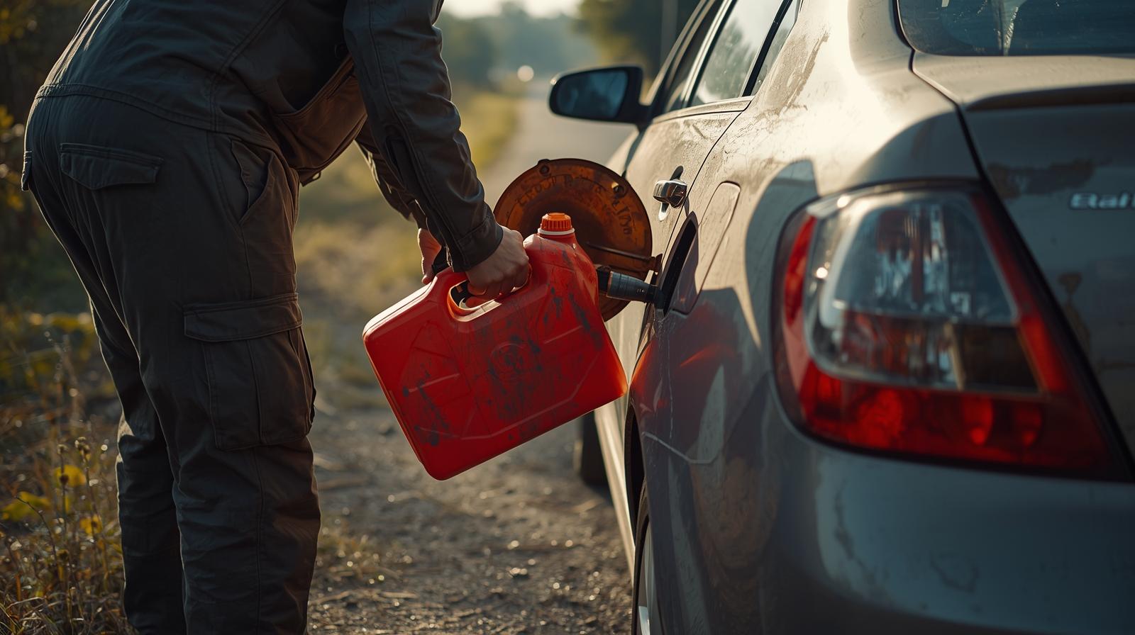 Person in dark clothing refueling a gray car with a red fuel container on a dirt road.