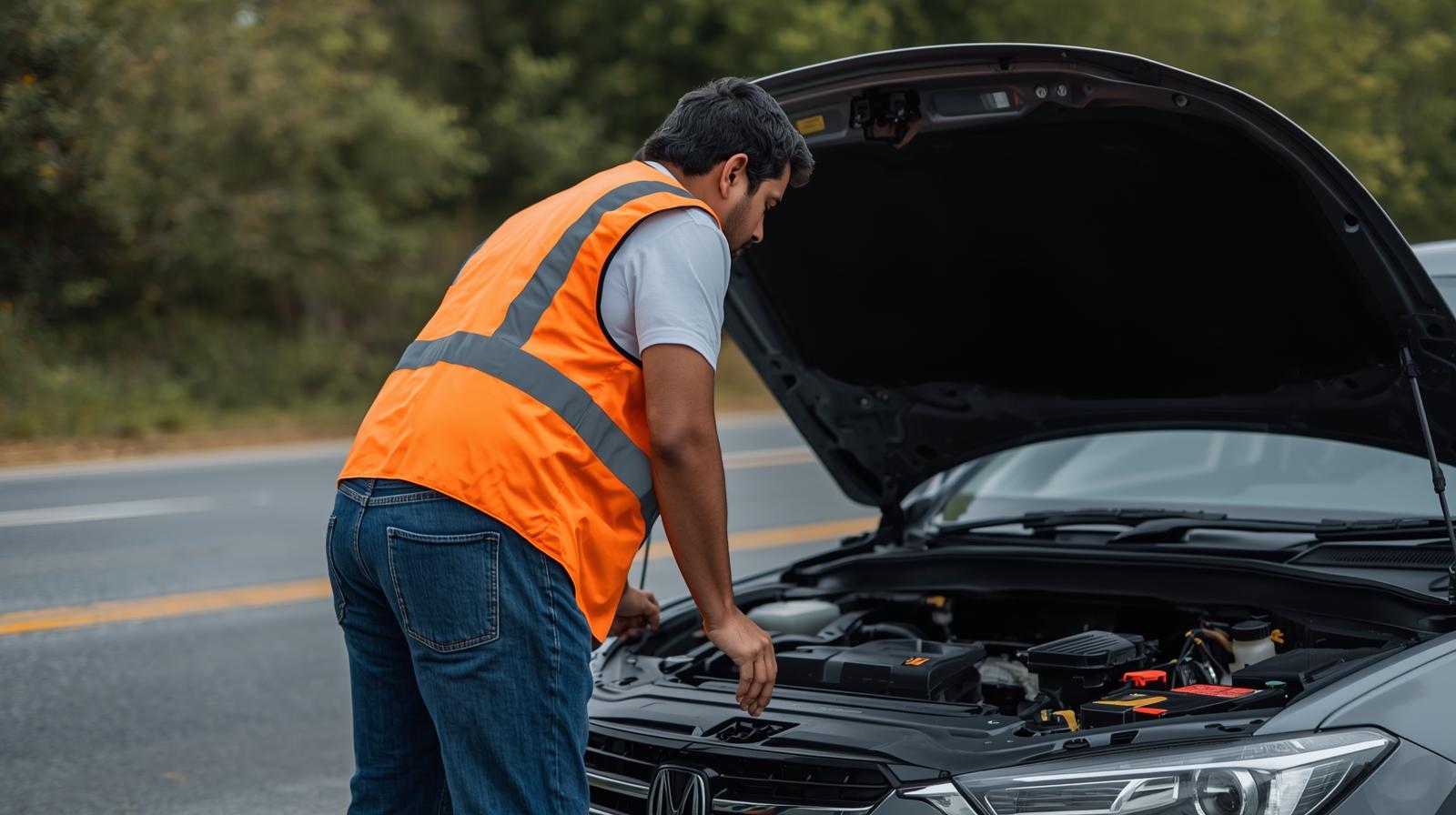 Man in orange safety vest inspecting a car engine on the roadside with the hood open.
