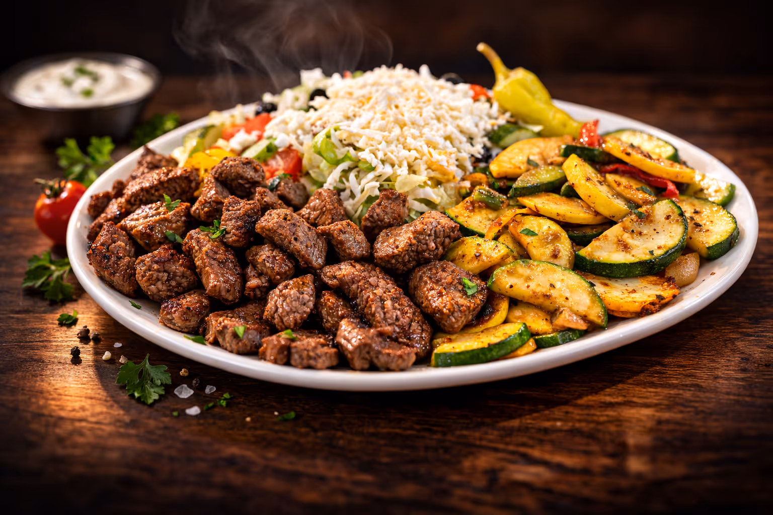 Beef Dish with veges and Greek salad