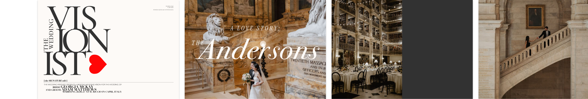 Wedding magazine cover titled 'The Wedding Visionist' and three photos: a bride and groom in a marble hall with lion statues, an elegant banquet hall with round tables, and a couple holding hands on a large stone staircase.