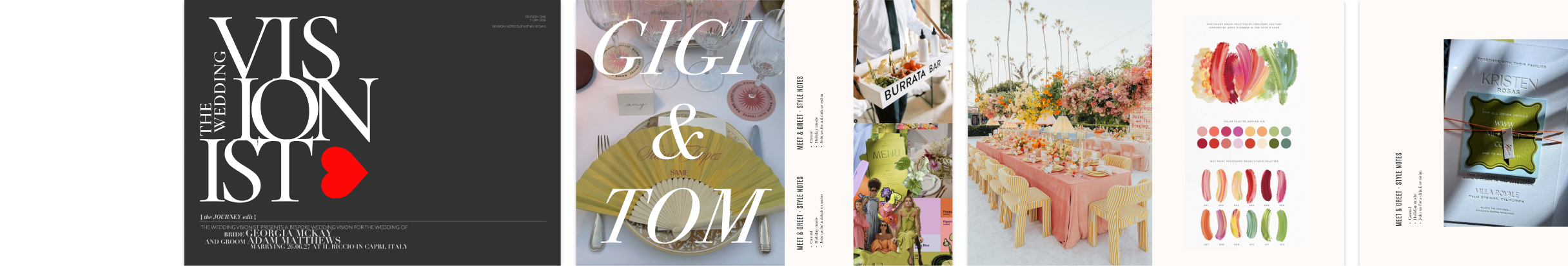 A spread from The Wedding Visionist showing a wedding invitation, table setting with yellow fan, appetizers at a burrata bar, a floral and peach-colored reception table, colorful paint swatches, and a green wedding favor with name Kristen Rosas.