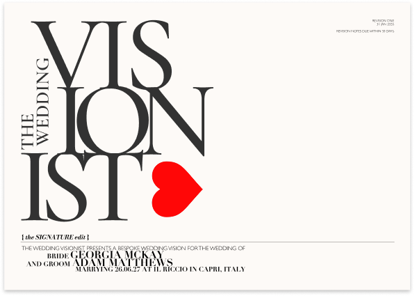 Wedding Visionist logo with stylized text and a red heart, announcing the wedding of bride Georgia McKay and groom Adam Matthews on June 26, 2027, in Capri, Italy.