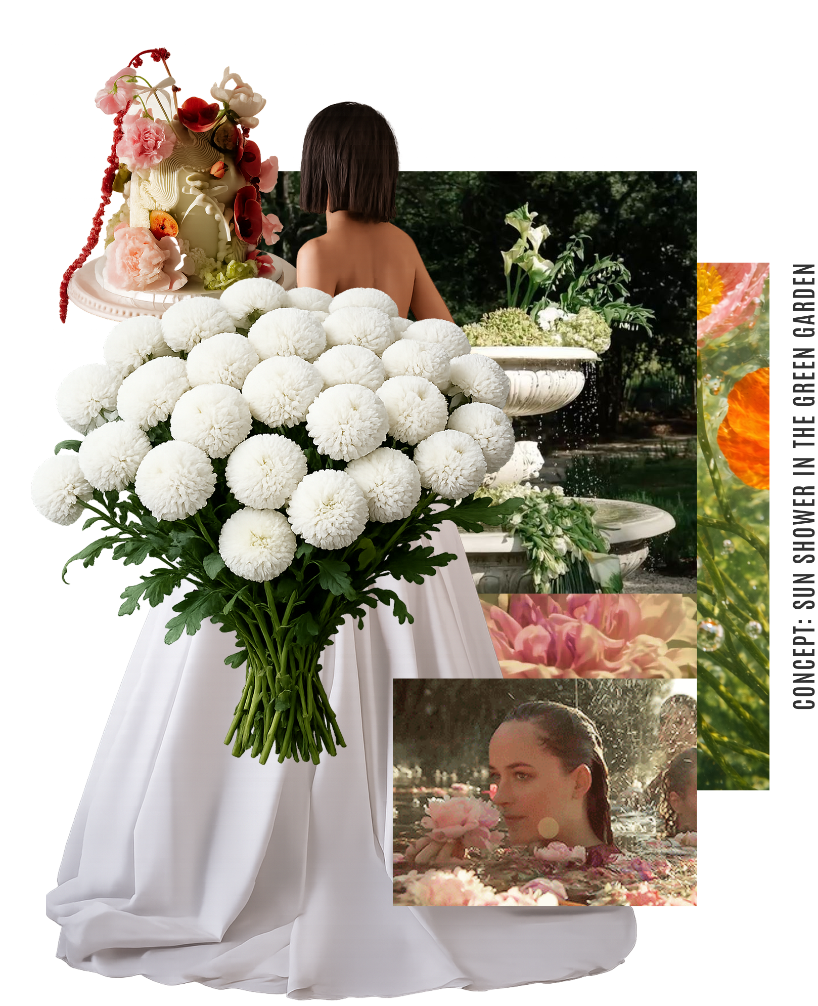 Woman in a white gown holding a large bouquet of white pom-pom flowers with an ornate floral cake, a garden fountain, and a woman smelling flowers in water collaged around her.