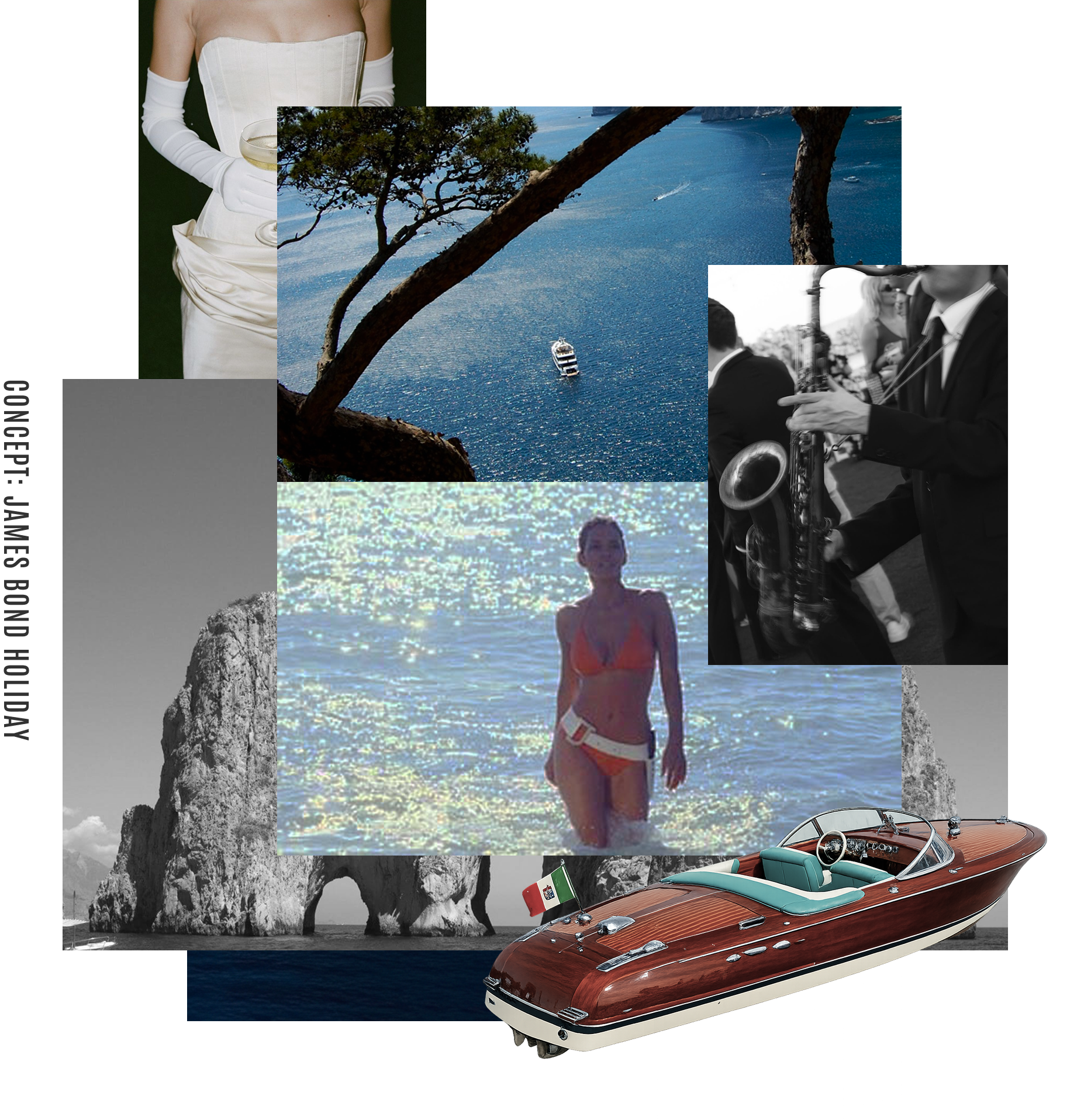 Collage showing a woman in a white dress with gloves holding a drink, a boat on blue water seen through tree branches, black and white rocky coastal arch, a woman in orange bikini waist-deep in water, a man playing saxophone, and a vintage wooden speedboat with a Mexican flag.