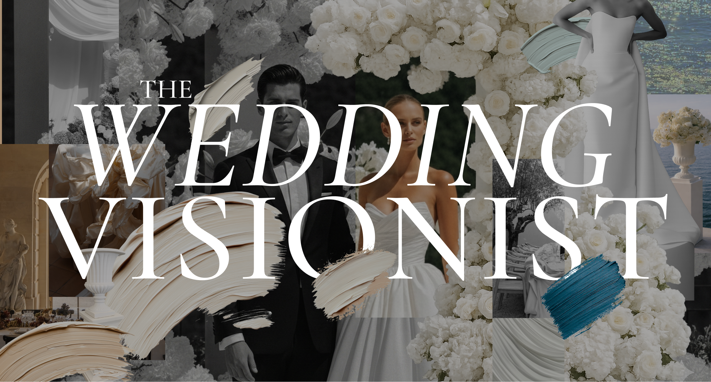 Collage of wedding elements with a bride and groom, white flowers, and elegant decor overlaid with text 'The Wedding Visionist'.