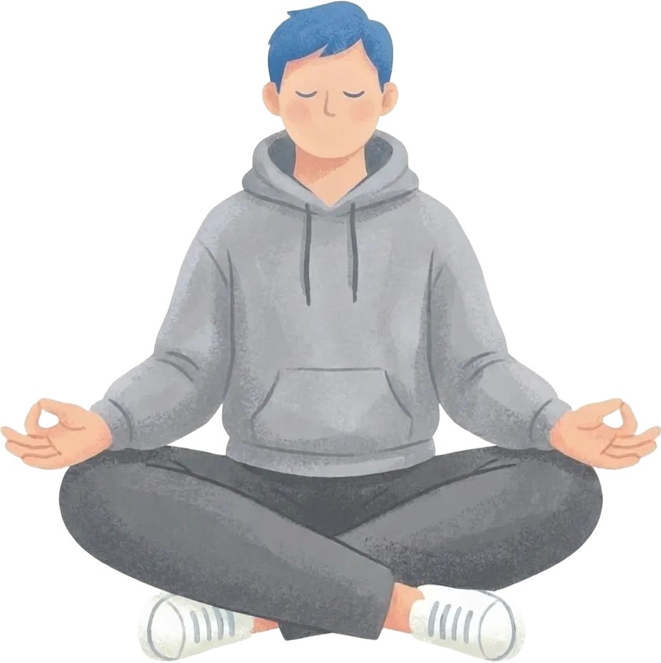 灰色のパーカーと黒いズボン、白いスニーカーを履いて瞑想する青い髪の男性のイラスト。