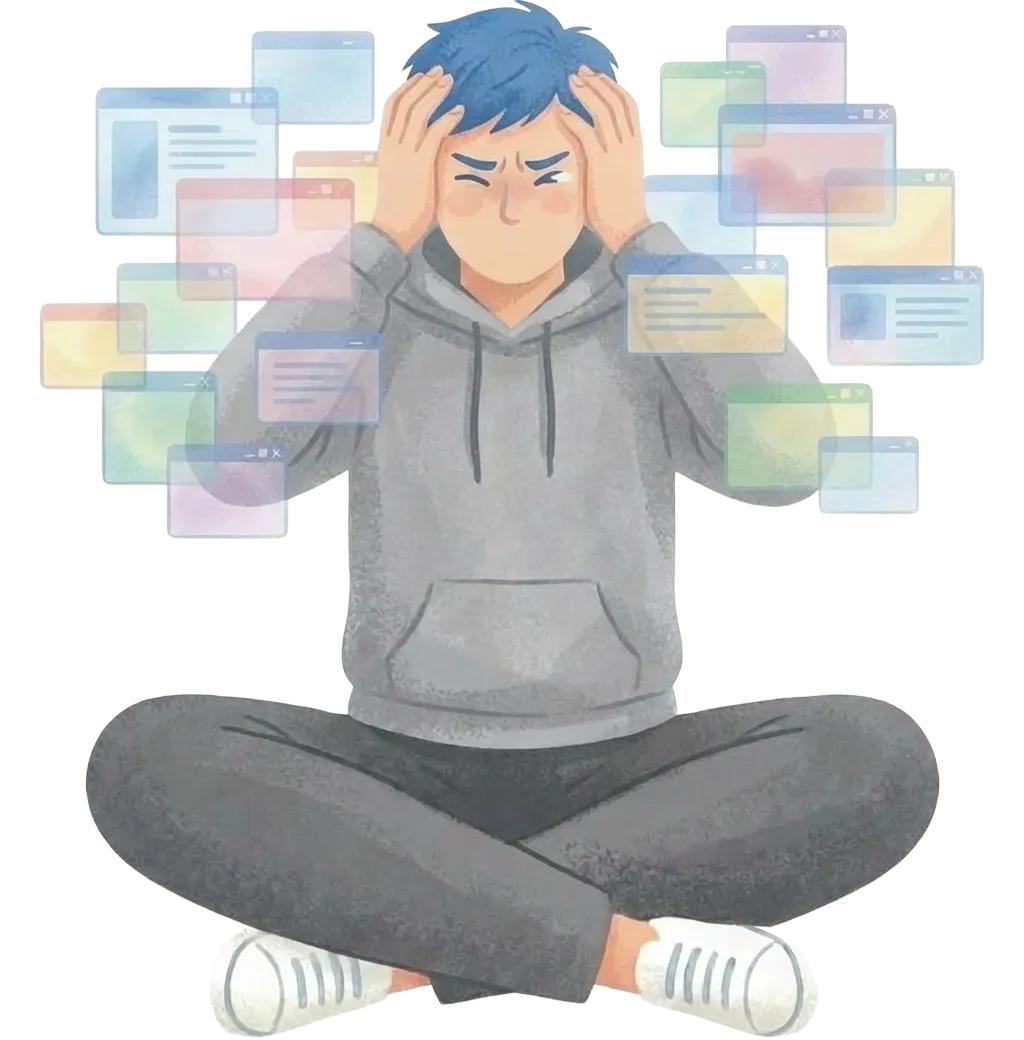 頭を押さえストレスを感じている若い男性のイラスト、その周囲に多数の重なったウィンドウが浮かんでいる。