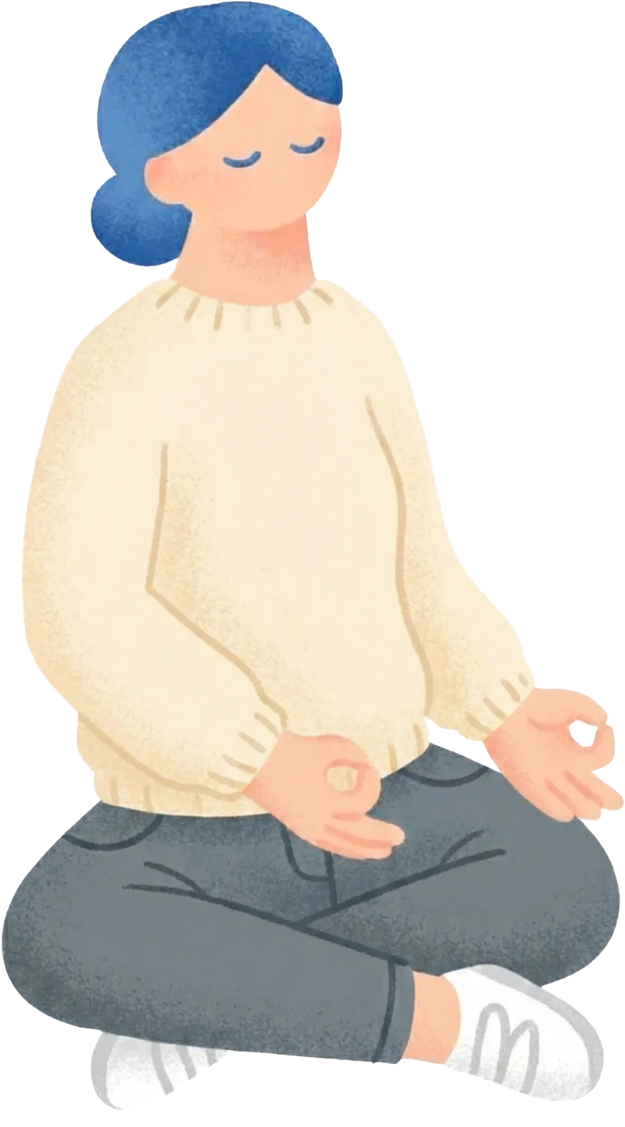 目を閉じて座禅を組み、瞑想している青い髪の人物のイラスト。