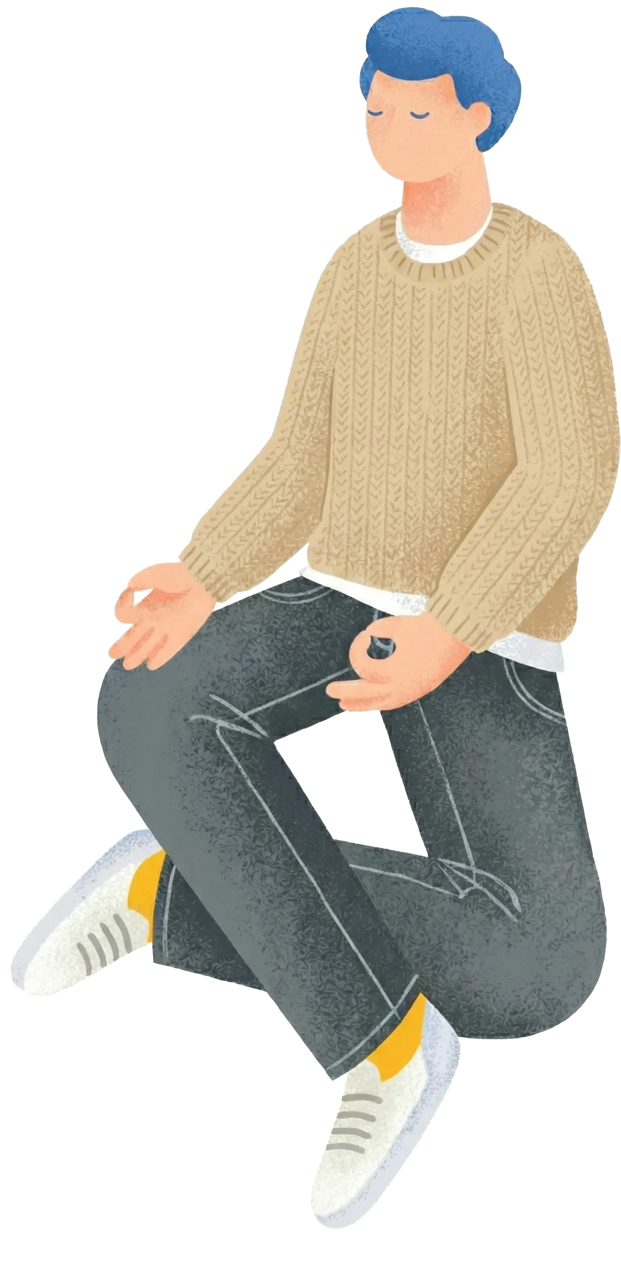 青い髪の男性がベージュのセーターとジーンズを着て、あぐらをかいて瞑想しているイラスト。