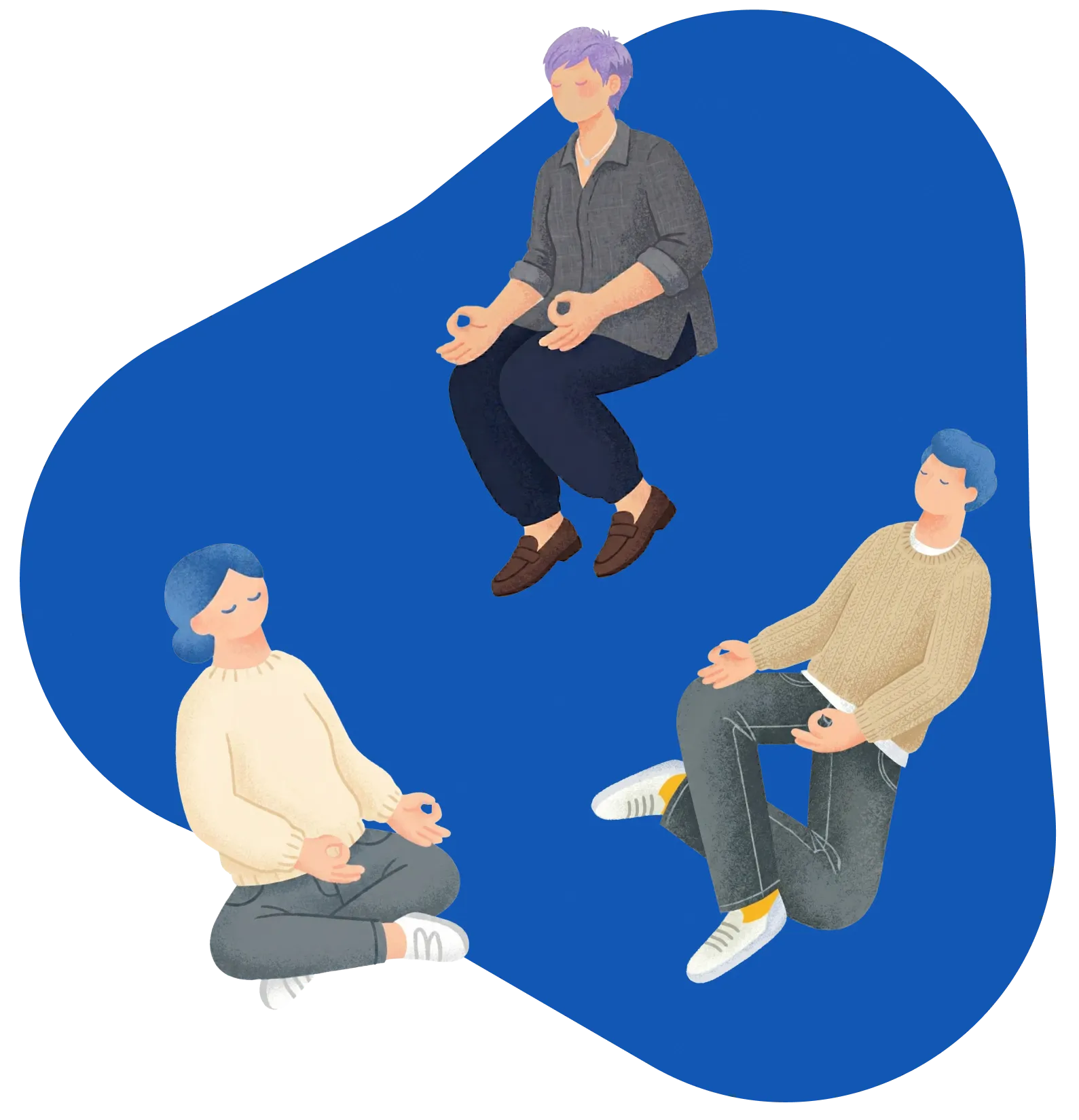 青い背景の上で瞑想ポーズをとる3人の男女のイラスト。