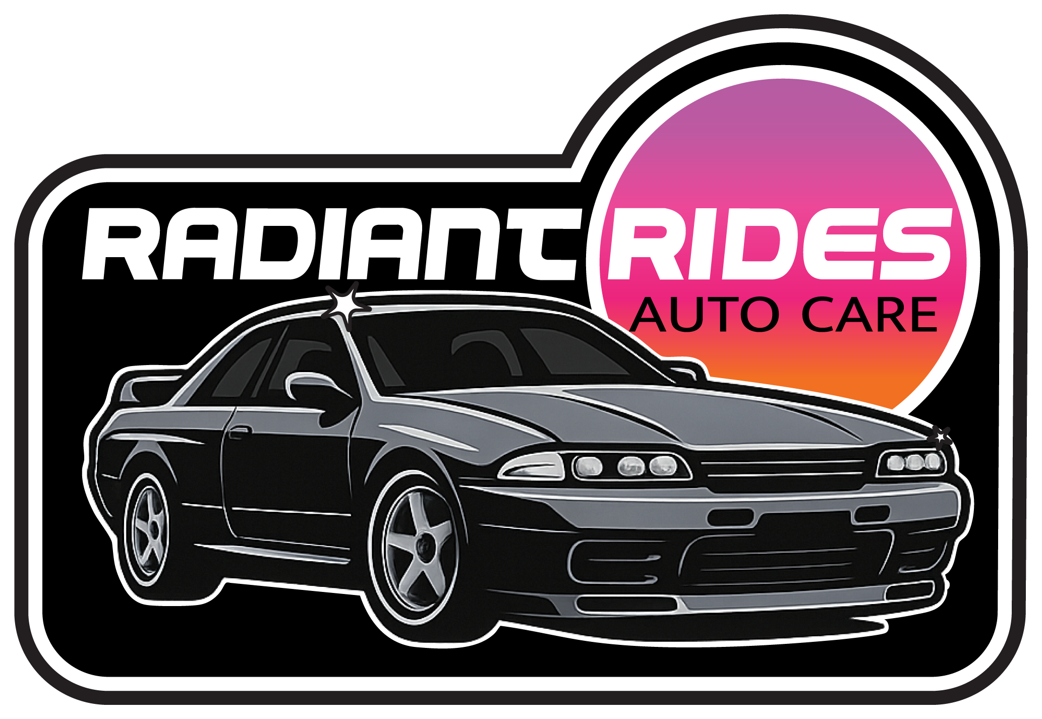 Logo featuring a sleek gray sports car with the text 'RADIANT RIDES AUTO CARE' against a black background with a pink to orange gradient circle.