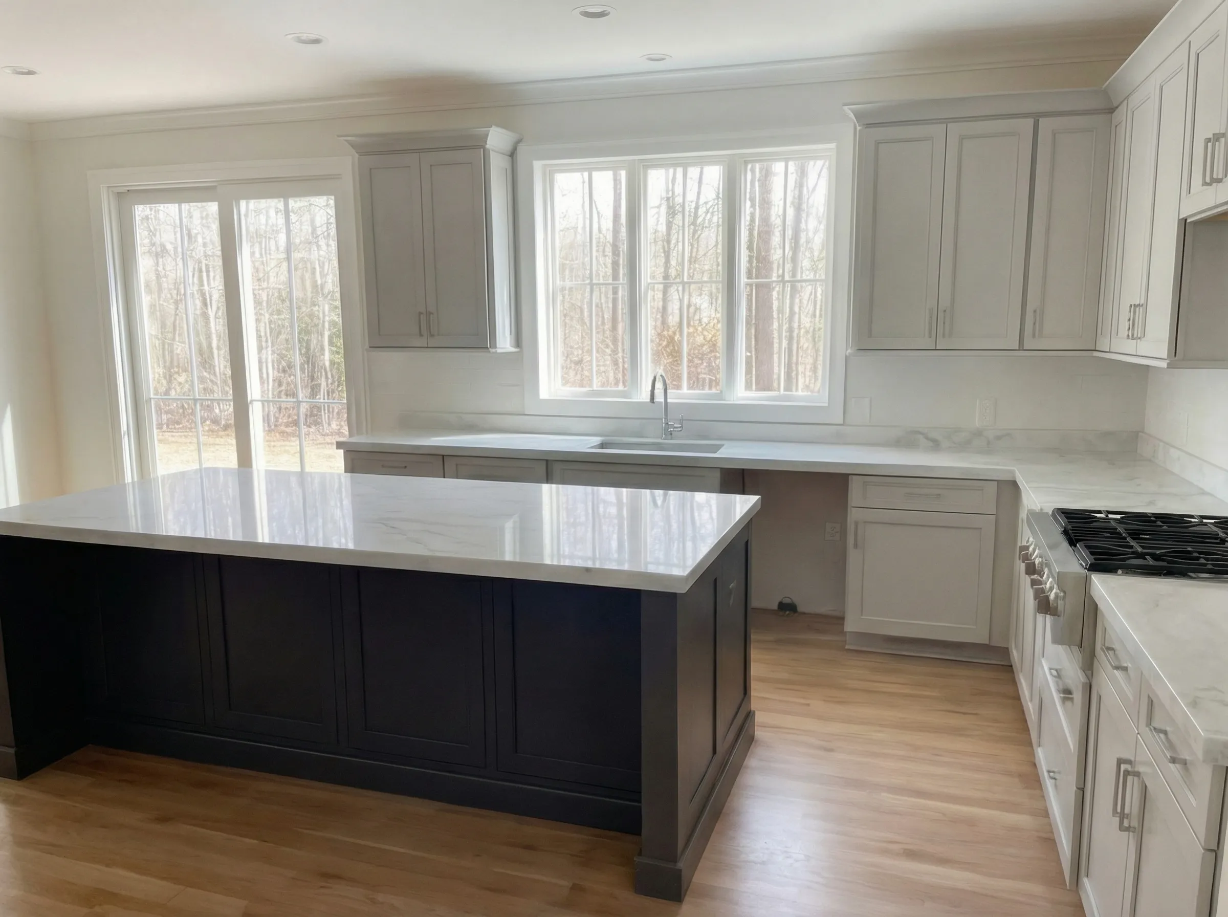Modern kitchen with white cabinetry, marble countertops, large island with dark base, wooden floor, and large windows overlooking trees.
