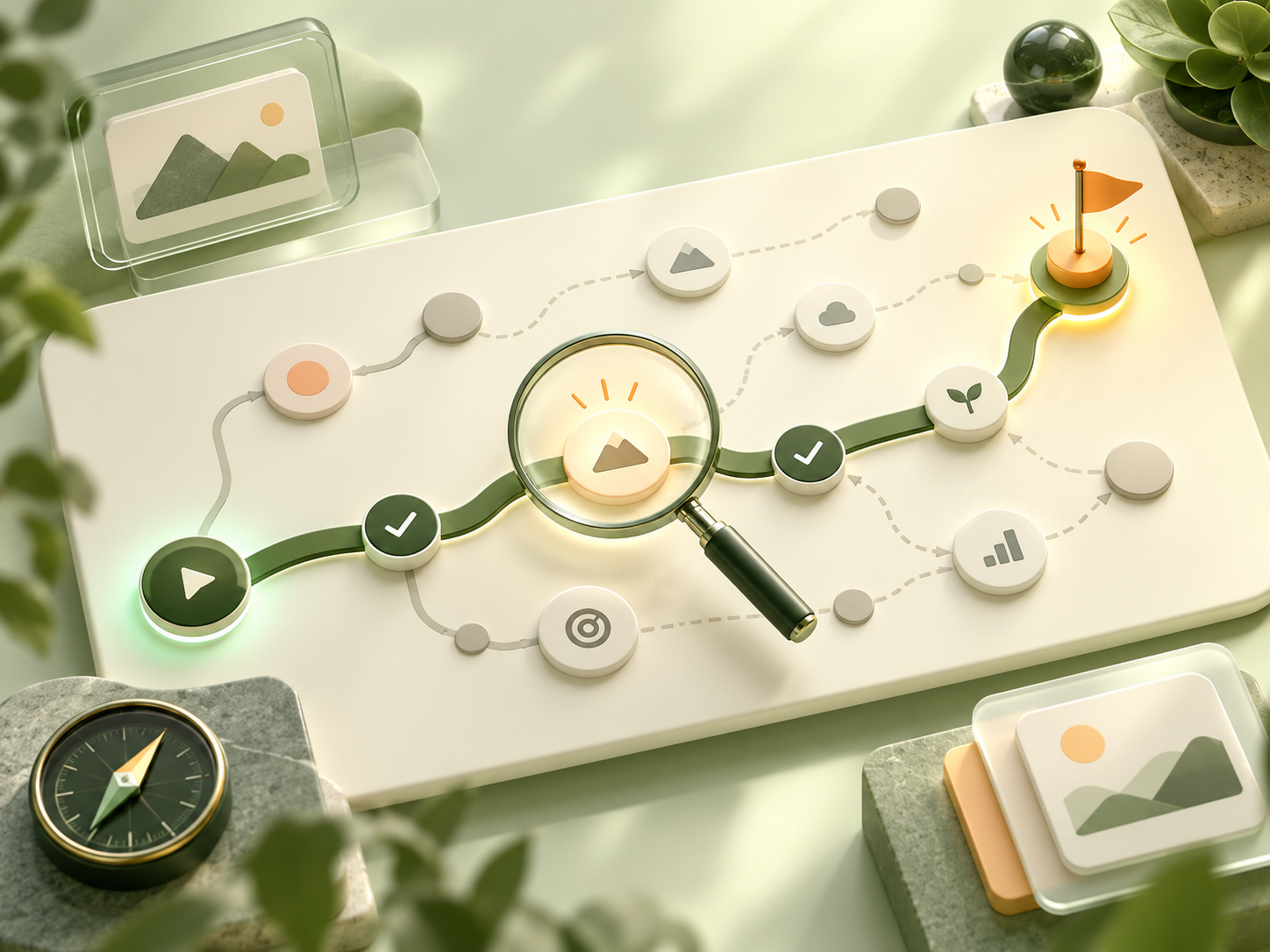 Strategy roadmap with milestones and a highlighted path to a goal.